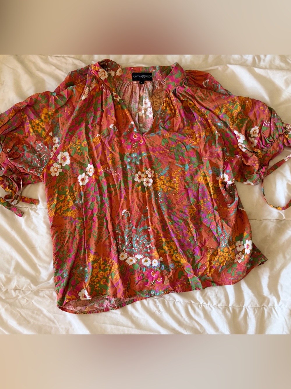 Cynthia Rowley Rust Floral V-Neck Tie Sleeve Blouse